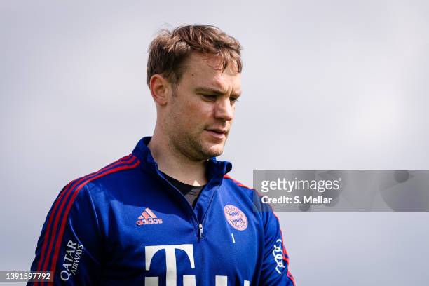 Manuel Neuer of FC Bayern Muenchen during a training session at Saebener Strasse training ground on April 15, 2022 in Munich, Germany.