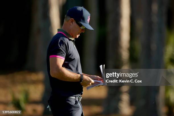 Brian Gay lines up a putt on the second green during the second round of the RBC Heritage at Harbor Town Golf Links on April 15, 2022 in Hilton Head...