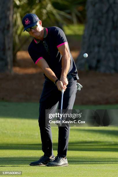 Brian Gay plays his shot on the second hole during the second round of the RBC Heritage at Harbor Town Golf Links on April 15, 2022 in Hilton Head...