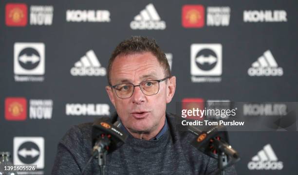 Interim Manager Ralf Rangnick of Manchester United speaks during a press conference at Carrington Training Ground on April 15, 2022 in Manchester,...