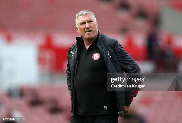 Bristol City manager Nigel Pearson looks on ahead of the Sky Bet Championship match between Stoke City and Bristol City at Bet365 Stadium on April...