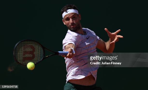 Grigor Dimitrov of Bulgaria in action against Hubert Hurkacz of Poland during day six of the Rolex Monte-Carlo Masters at Monte-Carlo Country Club on...