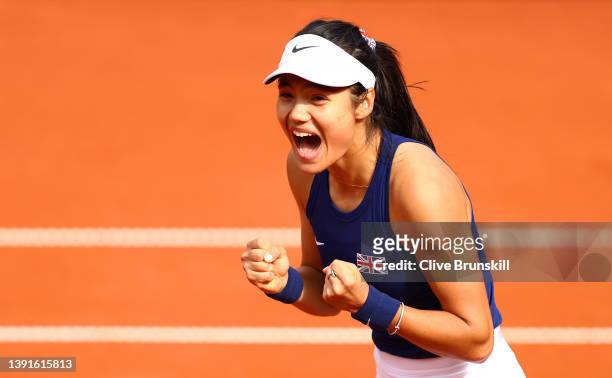 Emma Raducanu celebrates after their victory during the Billie Jean King Cup Play-Off match between the Czech Republic and Great Britain at the...