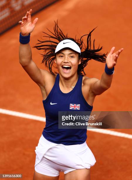 Emma Raducanu celebrates after their victory during the Billie Jean King Cup Play-Off match between the Czech Republic and Great Britain at the...
