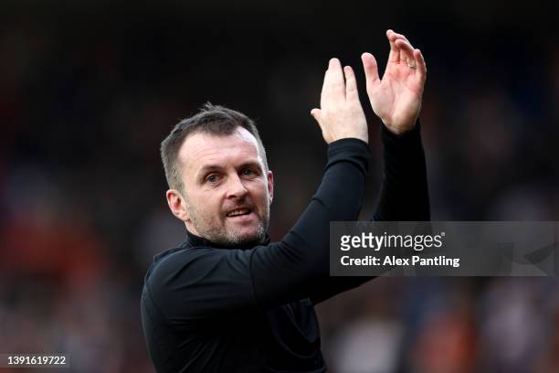 Nathan Jones, Manager of Luton Town applauds fans during the Sky Bet Championship match between Luton Town and Nottingham Forest at Kenilworth Road...