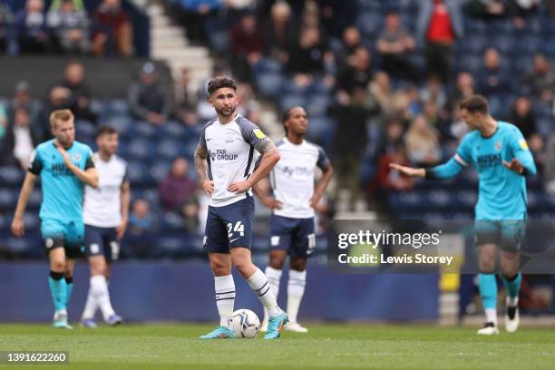 Sean Maguire of Preston North End reacts after Murray Wallace of Millwall scored their team's first goal during the Sky Bet Championship match...