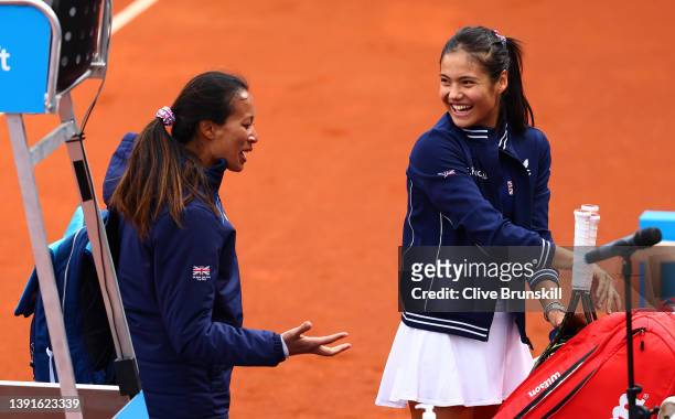 Emma Raducanu speaks to team coach after their victory during the Billie Jean King Cup Play-Off match between the Czech Republic and Great Britain at...