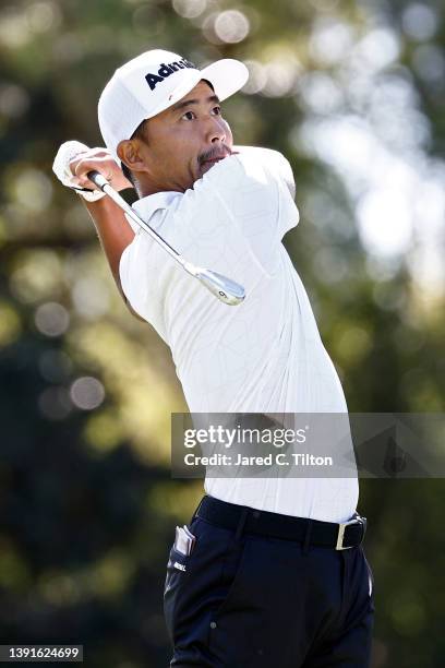 Satoshi Kodaira of Japan plays his shot from the 17th tee during the second round of the RBC Heritage at Harbor Town Golf Links on April 15, 2022 in...