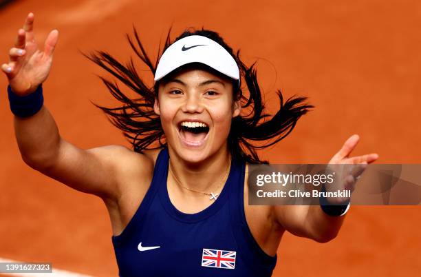 Emma Raducanu celebrates after their victory during the Billie Jean King Cup Play-Off match between the Czech Republic and Great Britain at the...