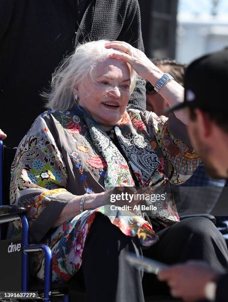 Nancy Seaver, Wife of Tom Seaver looks on during her husband's statue unveiling before the Mets home opening game at Citi Field on April 15, 2022 in...