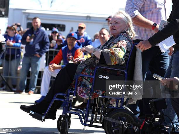 Nancy Seaver, Wife of Tom Seaver looks on during her husband's statue unveiling before the Mets home opening game at Citi Field on April 15, 2022 in...