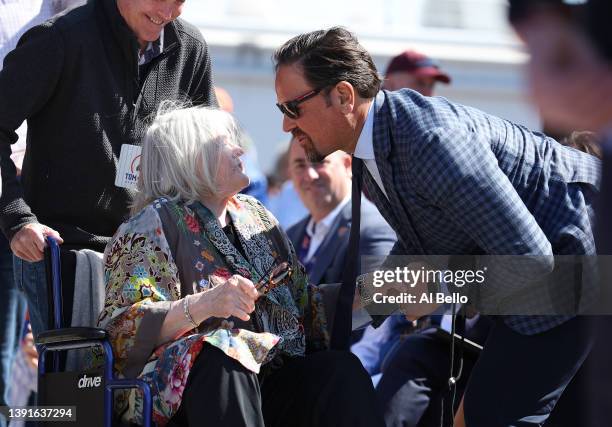 Nancy Seaver, Wife of Tom Seaver greets former Met Mike Piazza on during her husband's statue unveiling before the Mets home opening game at Citi...