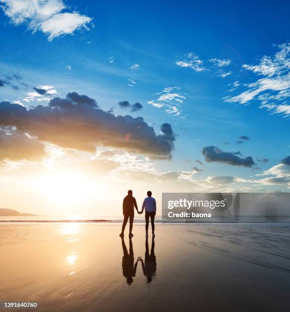 couple holding hands at beach - anonymous silhouette stock pictures, royalty-free photos & images