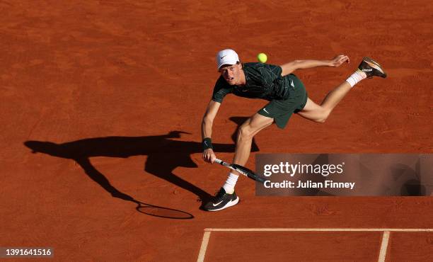 Jannik Sinner of Italy in action against Alexander Zverev of Germany in the quarter finals during day six of the Rolex Monte-Carlo Masters at...