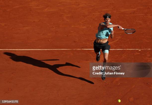 Alexander Zverev of Germany in action against Jannik Sinner of Italy in the quarter finals during day six of the Rolex Monte-Carlo Masters at...