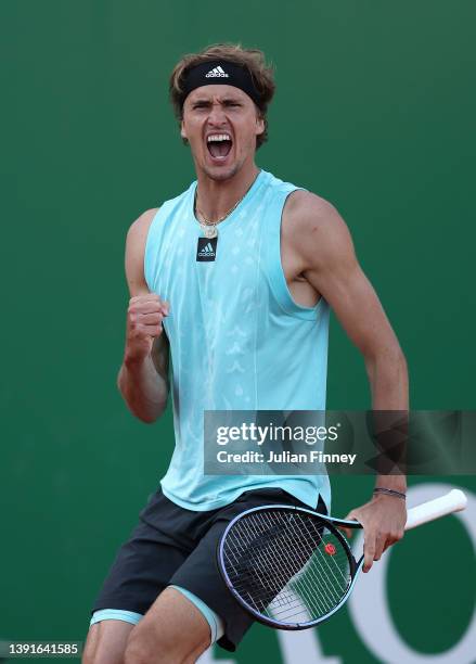 Alexander Zverev of Germany celebrates against Jannik Sinner of Italy in the quarter finals during day six of the Rolex Monte-Carlo Masters at...