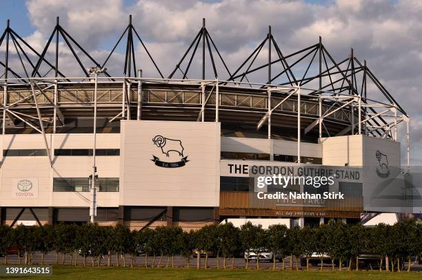 General view outside the stadium prior to the Sky Bet Championship match between Derby County and Fulham at Pride Park Stadium on April 15, 2022 in...