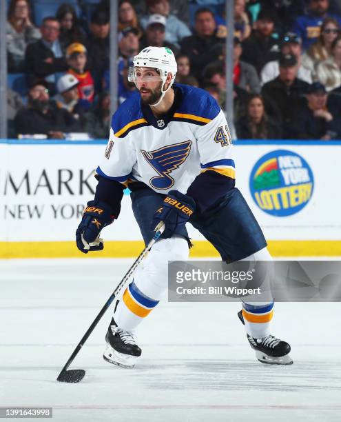 Robert Bortuzzo of the St. Louis Blues skates against the Buffalo Sabres during an NHL game on April 14, 2022 at KeyBank Center in Buffalo, New York.
