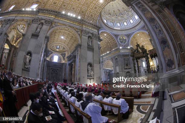 Pope Francis attends Our Lord's Passion celebration at St. Peter's Basilica on April 15, 2022 in Vatican City, Vatican. On Good Friday Pope Francis...