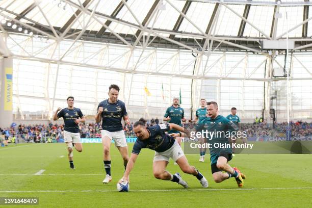 James Lowe of Leinster touches down for a try during the Heineken Champions Cup Round of 16 Leg Two match between Leinster Rugby and Connacht Rugby...