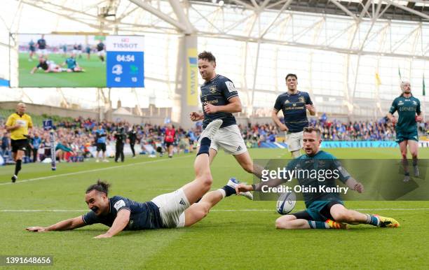 James Lowe of Leinster touches down for a try during the Heineken Champions Cup Round of 16 Leg Two match between Leinster Rugby and Connacht Rugby...