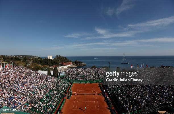 General view of Alexander Zverev of Germany in action against Jannik Sinner of Italy in the quarter finals during day six of the Rolex Monte-Carlo...