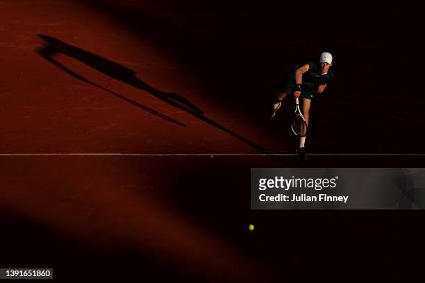 Jannik Sinner of Italy serves to Alexander Zverev of Germany in the quarter finals during day six of the Rolex Monte-Carlo Masters at Monte-Carlo...