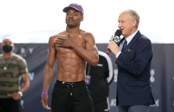 Errol Spence Jr. Addresses the crowd after arriving on stage during the official weigh-in at Texas Live! on April 15, 2022 in Arlington, Texas.