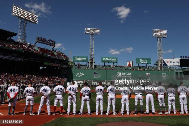 Members of the Boston Red Sox are announced on Opening Day before the game between the Boston Red Sox and the Minnesota Twins at Fenway Park on April...