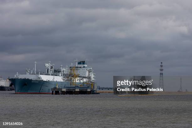 Liquefied natural gas ship "FSRU Independence" at Klaipeda liquefied natural gas floating storage and regasification unit terminal port on April 15,...