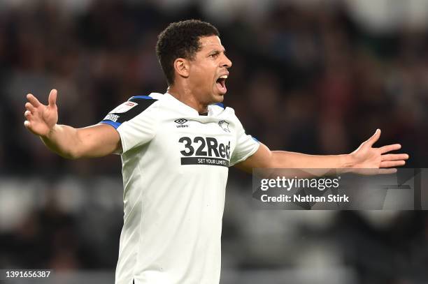 Curtis Davies of Derby County reacts during the Sky Bet Championship match between Derby County and Fulham at Pride Park Stadium on April 15, 2022 in...