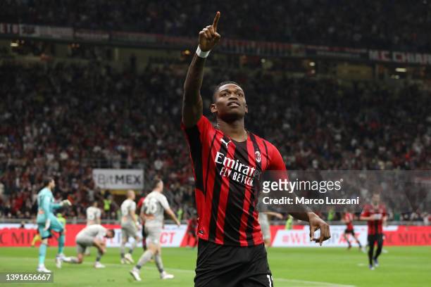 Rafael Leao of AC Milan celebrates after scoring their team's first goal during the Serie A match between AC Milan and Genoa CFC at Stadio Giuseppe...