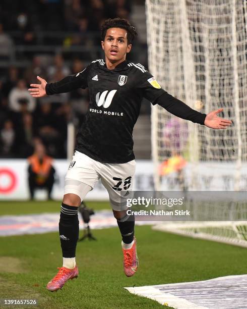 Fabio Carvalho of Fulham celebrates after scoring their team's first goal during the Sky Bet Championship match between Derby County and Fulham at...