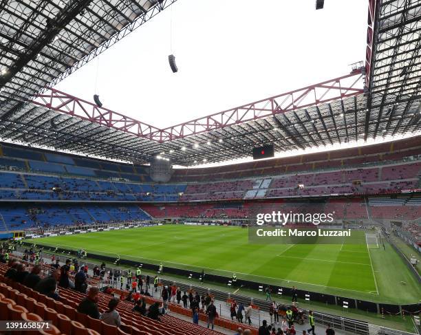 General view inside the stadium prior to the Serie A match between AC Milan and Genoa CFC at Stadio Giuseppe Meazza on April 15, 2022 in Milan, Italy.