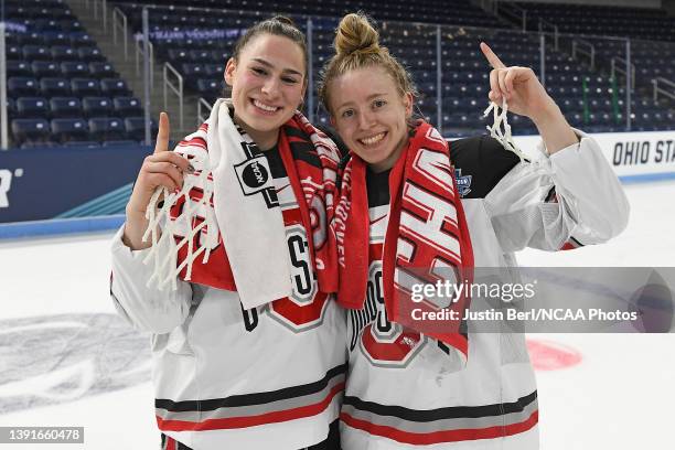 Emily Curlett of the Ohio State Buckeyes and Lexi Templeman celebrate after defeating the Minnesota Duluth Bulldogs 3-2 during the Division I Women’s...