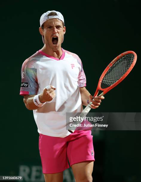 Diego Schwartzman of Argentina celebrates in his match against Stefanos Tsitsipas of Greece in the quarter finals during day six of the Rolex...