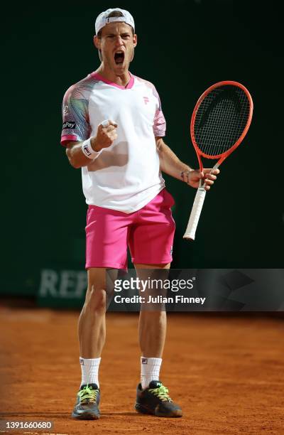 Diego Schwartzman of Argentina celebrates in his match against Stefanos Tsitsipas of Greece in the quarter finals during day six of the Rolex...