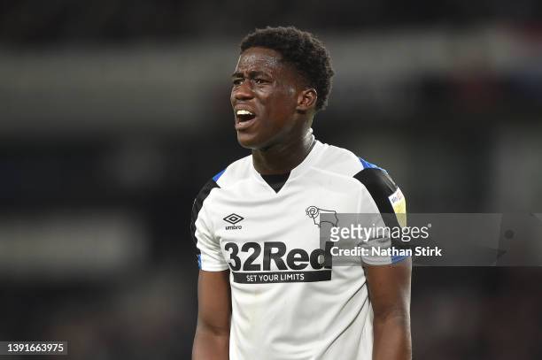 Malcolm Ebiowei of Derby County looks on during the Sky Bet Championship match between Derby County and Fulham at Pride Park Stadium on April 15,...