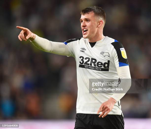 Jason Knight of Derby County reacts during the Sky Bet Championship match between Derby County and Fulham at Pride Park Stadium on April 15, 2022 in...
