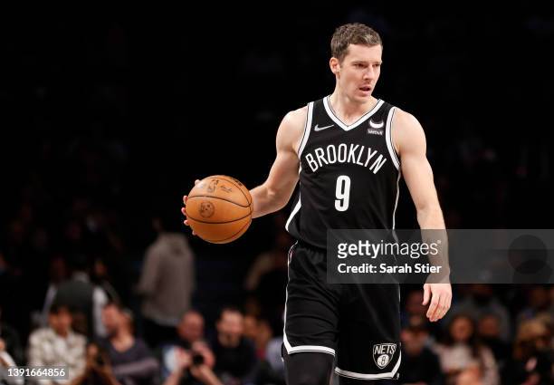 Goran Dragic of the Brooklyn Nets dribbles during the first half of the Eastern Conference 2022 Play-In Tournament against the Cleveland Cavaliers at...
