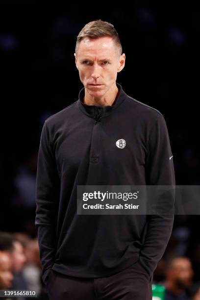 Head coach Steve Nash of the Brooklyn Nets looks on during the first half of the Eastern Conference 2022 Play-In Tournament against the Cleveland...