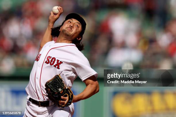 Hirokazu Sawamura of the Boston Red Sox throws against the Minnesota Twins during the fourth inning on Opening Day at Fenway Park on April 15, 2022...