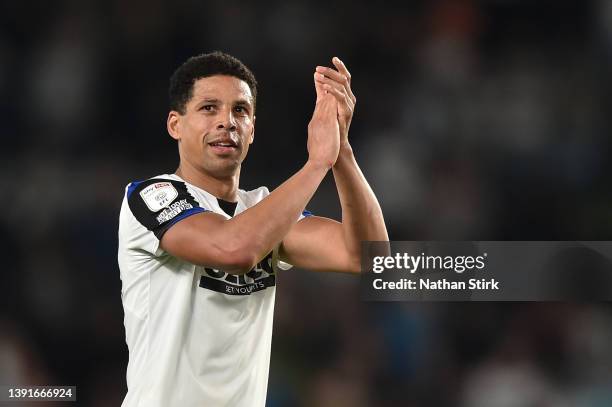 Curtis Davies of Derby County applauds fans after their sides victory during the Sky Bet Championship match between Derby County and Fulham at Pride...