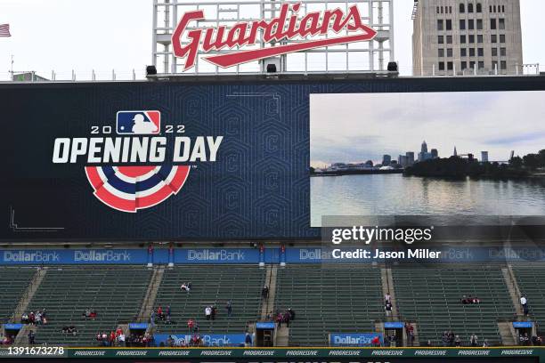 The new logo for the Cleveland Guardians hangs above the bleacher section of Progressive Field prior ot the home opener against the San Francisco...