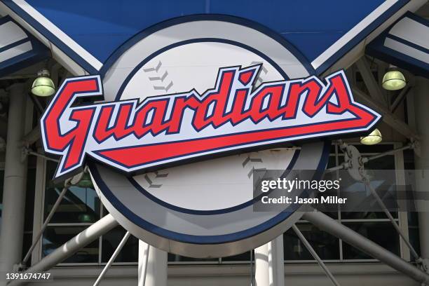The new Cleveland Guardians logo hangs on the exterior of Progressive Field prior to the home opener against the San Francisco Giants on April 15,...