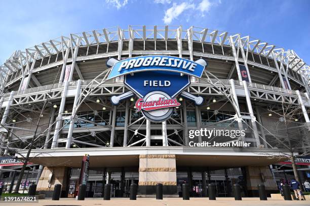 The new Cleveland Guardians logo hangs on the exterior of Progressive Field prior to the home opener against the San Francisco Giants on April 15,...