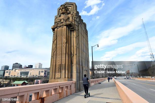 The Guardians of Traffic sculptures on the Hope Memorial Bridge near Progressive Field prior to the home opener of the Cleveland Guardians against...