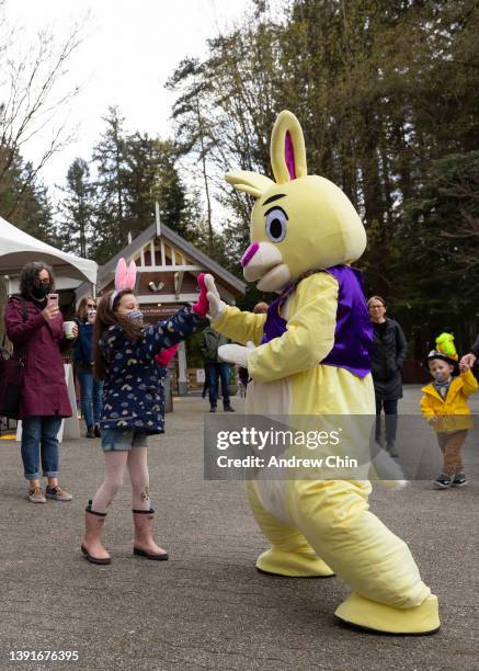 Person dressed as an Easter Bunny greets a child during the Stanley Park Railway Easter Train on Good Friday at Stanley Park on April 15, 2022 in...
