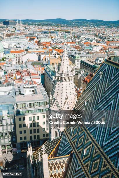 aerial view over the rooftops of vienna from the north tower - st stephens cathedral vienna stock pictures, royalty-free photos & images