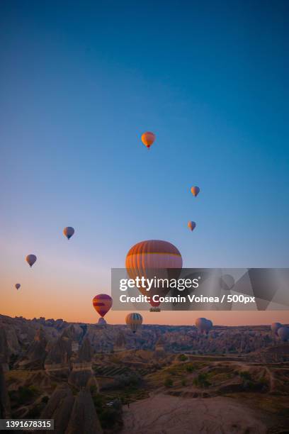 bright hot air balloons in sky of cappadocia,turkey - hot pink stockfoto's en -beelden